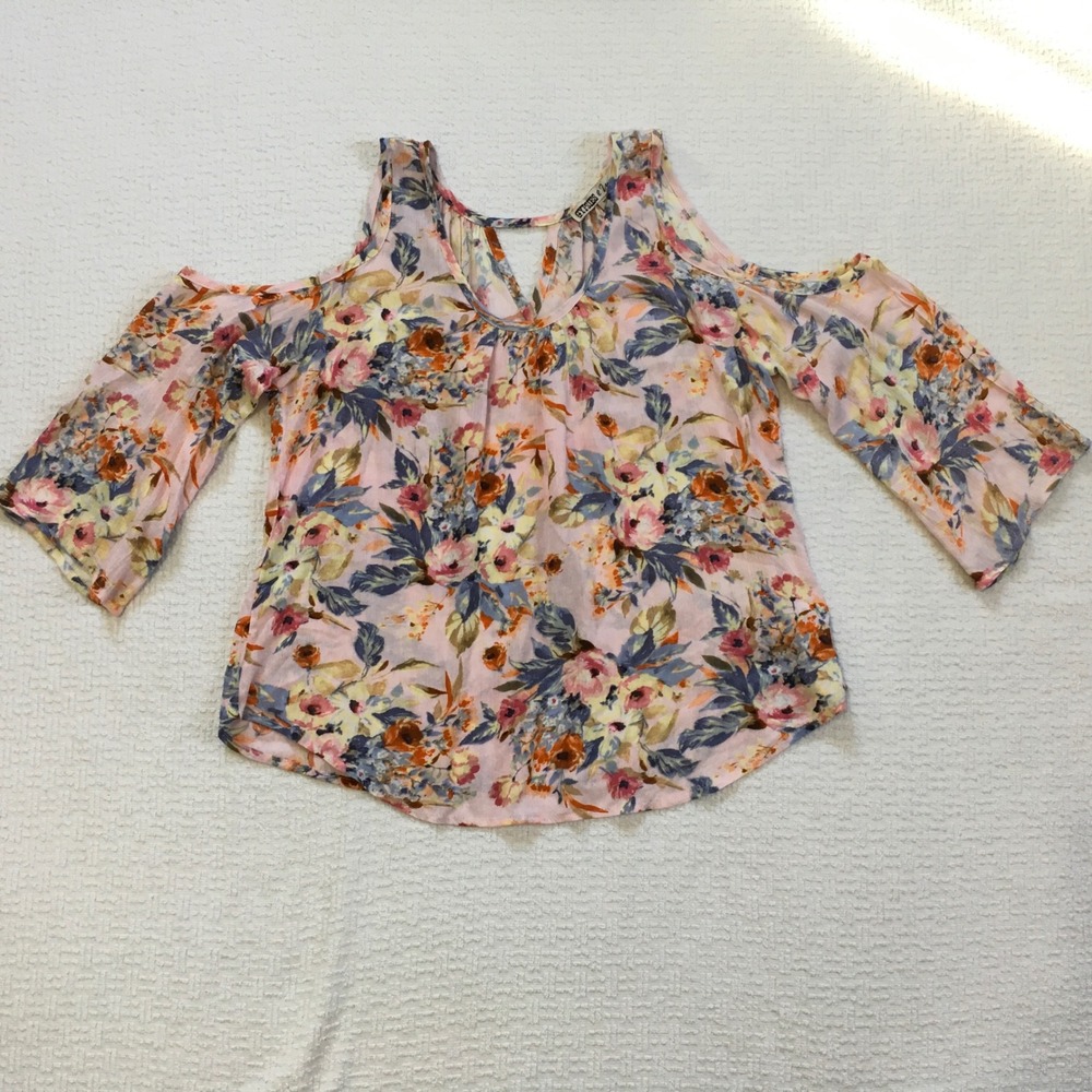Gypsies & Moondust Boho Floral Cold Shoulder Blouse Sz M Pink V Neck Cottagecore